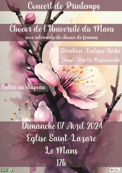 Concert du choeur de l'universit du Mans, dirig par Evelyne Bch, avec intermde de choeur de femmes - dimanche 7 avril 2024, glise St-Lazare, Le Mans
