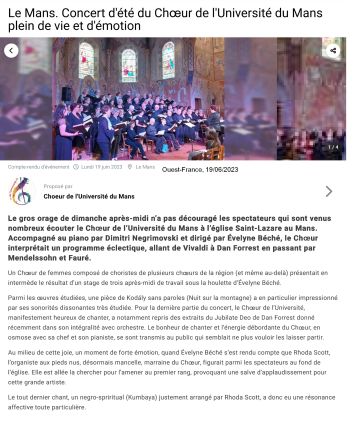 Compte-rendu Ouest-France Concert du Choeur de l'Université du Mans dirigé par Evelyne Béché. Eglise Saint-Lazare, Le Mans - 18 juin 2023