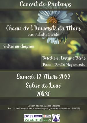 Affiche du concert  du Choeur de l'Université du Mans dirigé par Evelyne Béché - 12 mars 2022 - Loué - Sarthe - France
