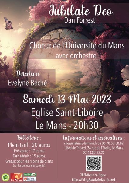 Concert Jubilate Deo de Dan Forrest du choeur de l'université du Mans avec orchestre, dirigés par Evelyne Béché - samedi 13 mai 2023, Eglise Saint-Liboire, Le Mans