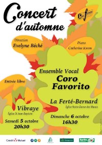 Affiche concerts Coro-Favorito dirigés par Evelyne Béché, piano Catherine Kwon - octobre 2019