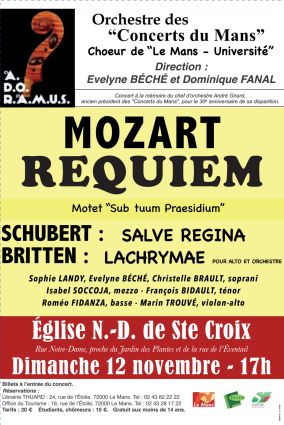 Requiem de Mozart - 12 novembre 2017 - Choeur de l'Université du Maine - Dominique Fanal - Evelyne Béché - Eglise Sainte-croix - Le Mans