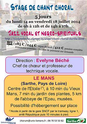 stage de chant choral - juillet 2014 - jazz vocal et negro-spirituals - Le Mans - Sarthe