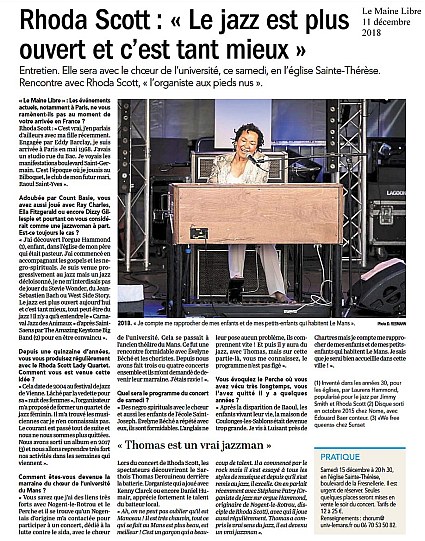 Article du Maine Libre du 11 décembre 2018 sur le concert Rhoda Scott et le Choeur de l'Université du Mans dirigé par Evelyne Béché - Thomas Derouineau à la batterie - 15 décembre 2018 - Eglise Sainte-Thérèse - Le Mans (Sarthe, France)