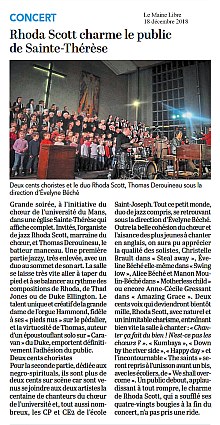 Article du Maine Libre du 18 décembre 2018 sur le concert Rhoda Scott et le Choeur de l'Université du Mans dirigé par Evelyne Béché - Thomas Derouineau à la batterie - 15 décembre 2018 - Eglise Sainte-Thérèse - Le Mans (Sarthe, France)