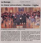 article Le Maine Libre 22/12/2009 - concert de Noël - La Bazoge - Choeur de l'Université du Maine - Evelyne Béché