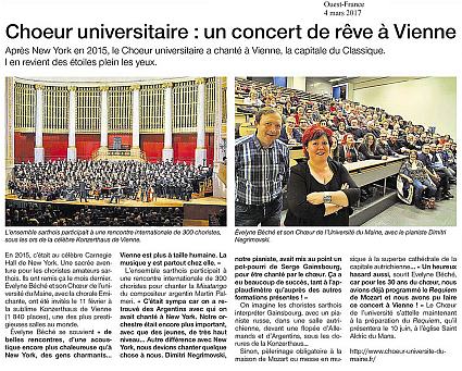 Article du 3 mars 2017 - Ouest-France - Retour du Choeur de l'Université du Maine après concert à Vienne, Wiener Konzerthaus, misatango Martin Palmeri