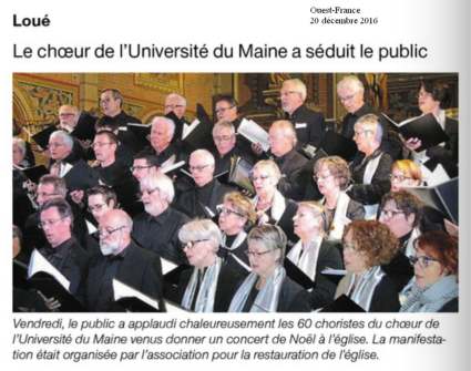 Article de Ouest-France sur le concert du Choeur de l'Université du Maine dirigé par Evelyne Béché - 16 décembre 2016 - Loué - Sarthe - France