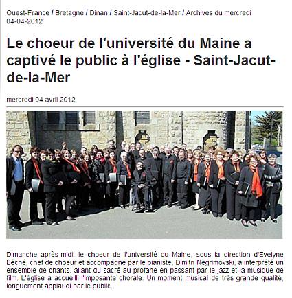 Article "Ouest-France" - concert du Choeur de l'Université du Maine - Saint-Jacut-de-la-mer - 1er avril 2012
