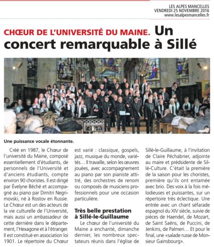 Article des Alpes Mancelles sur le concert du Choeur de l'Université du Maine dirigé par Evelyne Béché - 20 novembre 2016 - Sillé-le-Guillaume - Sarthe - France