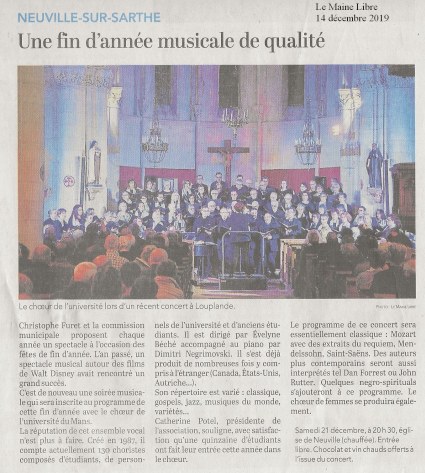 Article du Maine Libre - 14/12/2919 - annonce du concert de Noel du Choeur de l'Université du Mans, samedi 21 décembre 2019, Neuville-sur-Sarthe (Sarthe, France) - direction Evelyne Béché