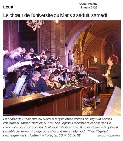 Article de Ouest-France - 12/03/2022 - Concert du Choeur de l'Université du Mans, dirigé par Evelyne Béché, avec quintette à cordes et piano, 12 mars 2022 à l'église de Loué (Sarthe)