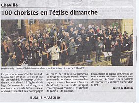 article Le Maine Libre - concert du choeur de l'Université du Maine, dirigé par Evelyne Béché à Chevillé (Sarthe) - 21 mars 2010