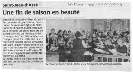 article Le Maine Libre - concert choeur université du Maine - direction Evelyne Béché - Saint-Jean d'Assé (Sarthe, France) - 21 septembre 2014