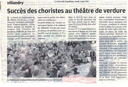 article Nouvelle République - concert du choeur de l'Université du Maine au théâtre de verdure - Villandry - 1er juin 2012