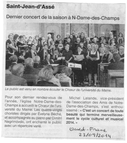 Article ouest-France - concert choeur université du Maine - direction Evelyne Béché - Saint-Jean d'Assé (Sarthe, France) - 21 septembre 2014