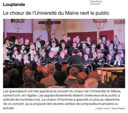 Article de Ouest-France du 4 février 2019 sur le concert du Choeur de l'Université du Mans, samedi 30 mars 2019; église de Louplande (Sarthe, France) - direction Evelyne Béché