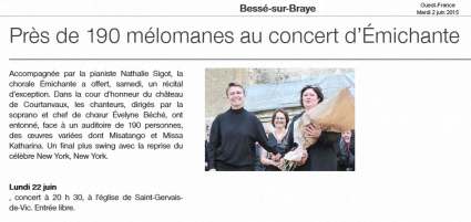 article Ouest-France - concert Emichante Château de Courtanvaux - 02/06/2015