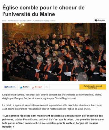 article Ouest-France 21/12/2015 - concert Loué Choeur de l'Université du Maine - Direction Evelyne Béché