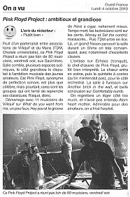 article ouest-france concert Pink Floyd compagnie TDM choeur de l'université du Maine 1er octobre 2010 Saulnières Le Mans (Sarthe)