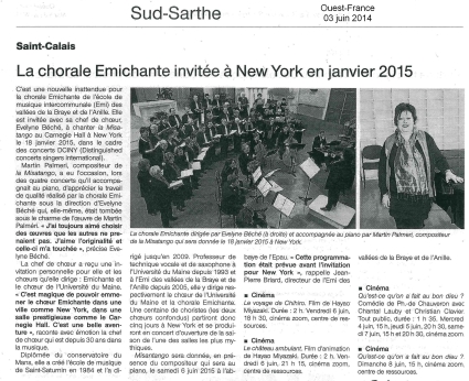 Ouest-France 03 juin 2014 - Evelyne Béché - misatango - Carnegie Hall
