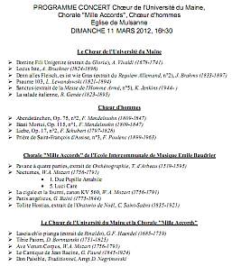 Programme du concert du choeur de l'université du Maine, Chorale Mille Accords, Choeur d'hommes, Mulsanne (Sarthe), 11 mars 2012