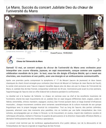 Compte-rendu Ouest-France concert Jubilate Deo Dan Forrest mai 2023 - Choeur de l'Universit� du Mans dirig� par Evelyne B�ch�