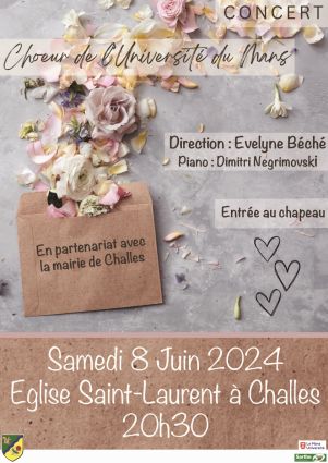 Concert du choeur de l'universit� du Mans, dirig� par Evelyne B�ch� - samedi 8 juin 2024, �glise de Challes