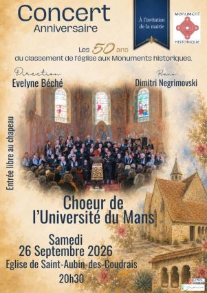 affiche Concert du Choeur de l'Université du Mans, samedi 26 septembre 2026, dirigé par Evelyne Béché, piano Dimitri Negrimovski, église de Saint-Aubin-des-Coudrais (Sarthe, France)
