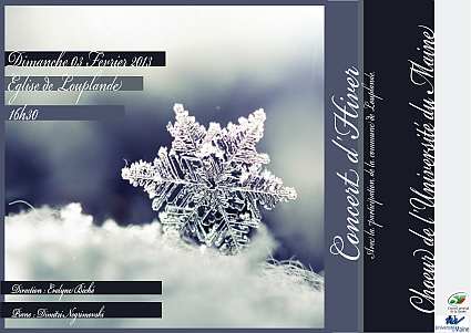 Affiche du concert du choeur de l'universit&eacute; du Maine, dirig&eacute; par Evelyne B&eacute;ch&eacute;, le 3 f&eacute;vrier &agrave; l'&eacute;glise de Louplande