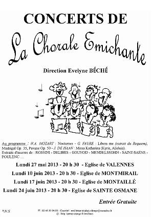 Affiche des concerts de la chorale Emichante de l'Ecole de Musique Intercommunale des Vall&eacute;es de la Braye et de l'Anille, St-Calais, Direction Evelyne B&eacute;ch&eacute;