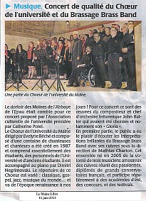Article du Maine Libre du 14/06/2013 - concert Gloria de Rutter, Choeur de l'Universit&eacute; du Maine, Brassage Brass Band, dirig&eacute;s par Evelyne B&eacute;ch&eacute;, Dortoir des moines de l'Abbaye de l'Epau, Le Mans, 8 juin 2013