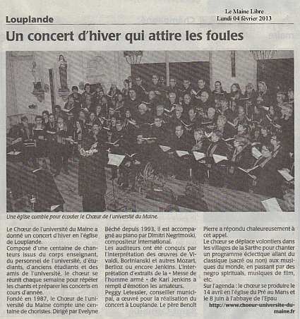 article du Maine Libre du 04/02/2013 - concert du Choeur de l'Universit&eacute; du Maine &agrave; Louplande le 3 f&eacute;vrier 2013