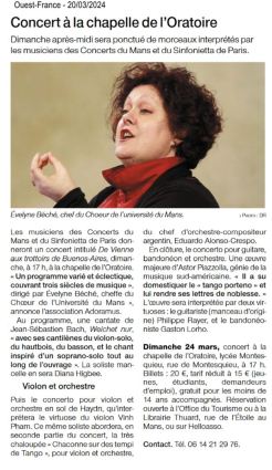 article Ouest-France - Concert de Vienne � Buenos Aires dirig� par Evelyne B�ch� - production Adoramus, concerts du Mans