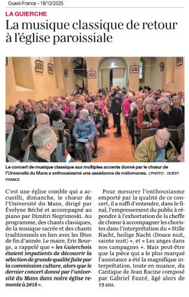 Article Ouest-France, 18th December 2025_Concert de No�l du Choeur de l'Universit� du Mans, samedi 14 d�cembre 2025, dirig� par Evelyne B�ch�, piano Dimitri Negrimovski, La Guierche (Sarthe, France)