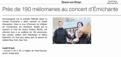 article Ouest-France - concert Emichante Ch&acirc;teau de Courtanvaux - 02/06/2015