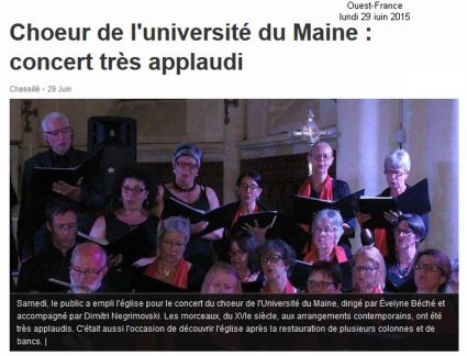 article Ouest-France - concert du Choeur de l'Universit&eacute; du Maine dirig&eacute; par Evelyne B&eacute;ch&eacute; -27 juin 2015 - Eglise de Chassill&eacute;