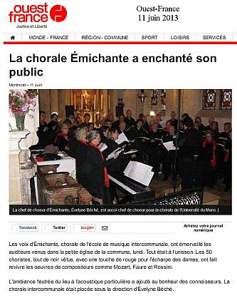 Article ouest-france - concert Emichante Montmirail - direction Evelyne B&eacute;ch&eacute;