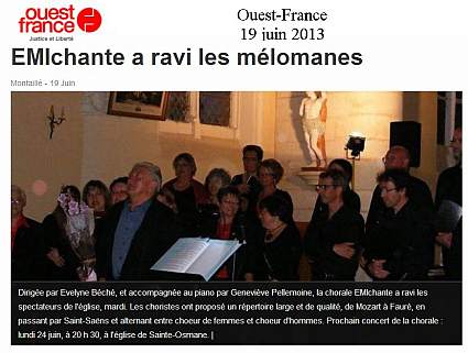 Article Ouest-France - concert Emichante Montaill&eacute; - Direction Evelyne B&eacute;ch&eacute;